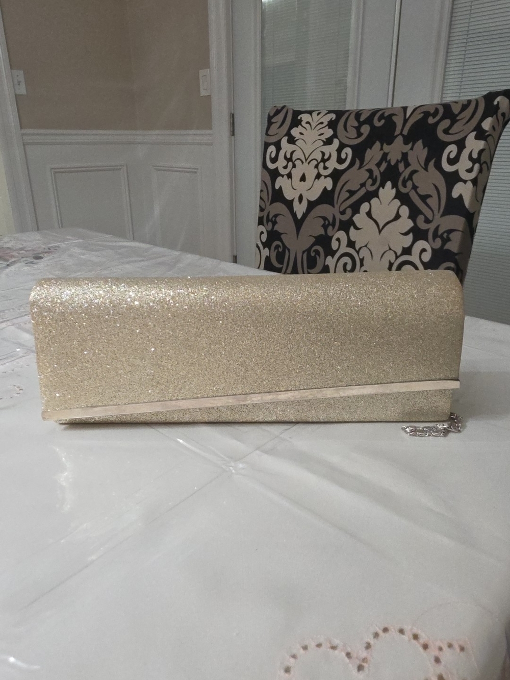 Gold Glitter Evening Clutch with Satin Trim